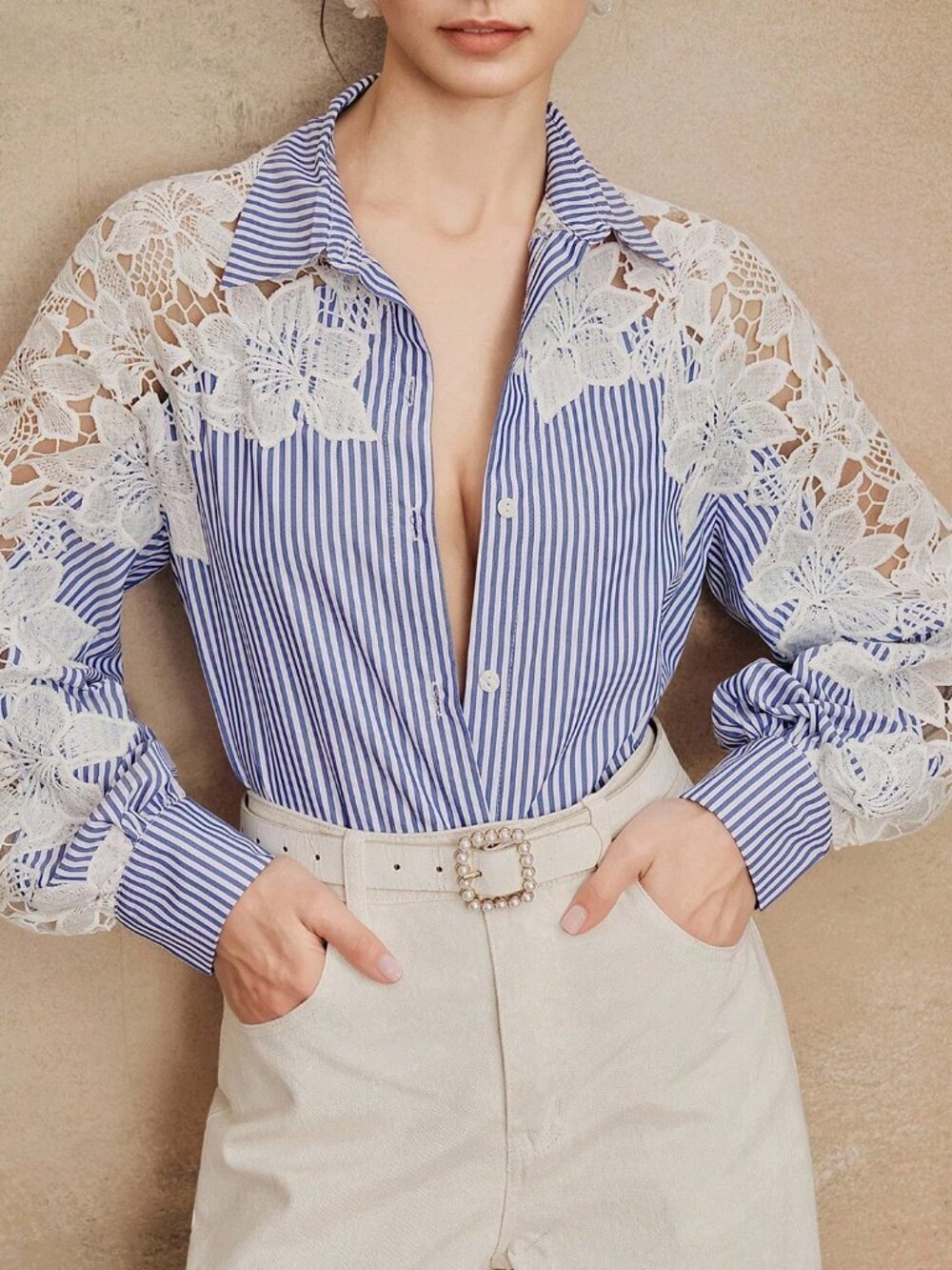 Blue and White Elegant Women's Embroidered Striped Long Sleeve Lace Blouse